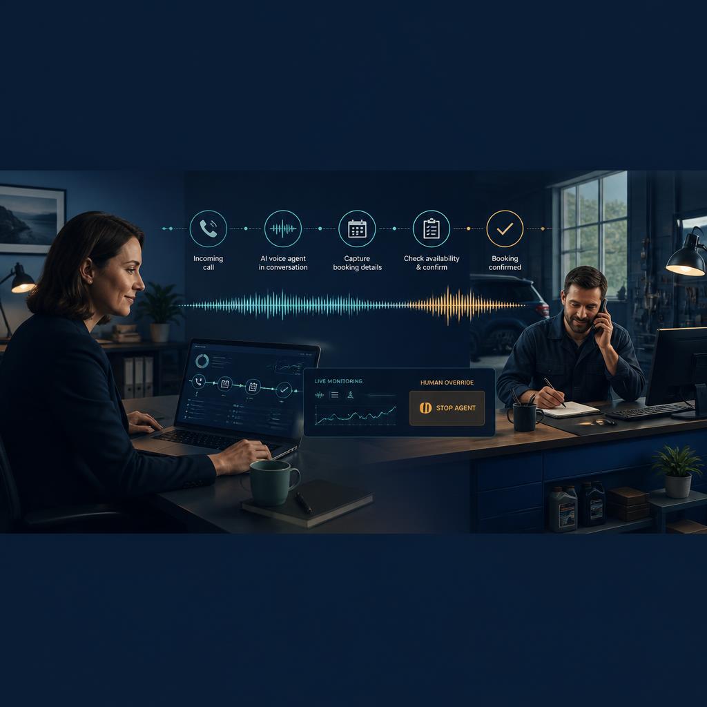 A person monitors an AI-assisted business call with a visible option to take over